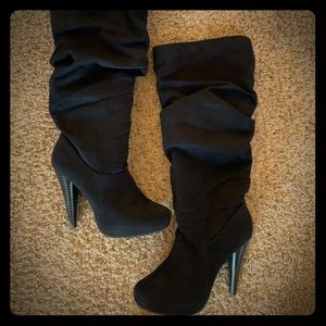 Black Suede Scrunch Top Stiletto Boots
